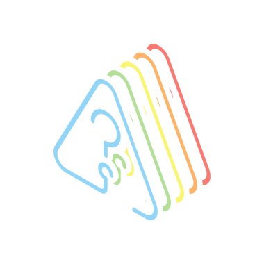 Uyarı üçgeni içinde soru işareti. İnce anahat ile doğrusal simgesi. Bir çizgi stili. Beyaz arka plan üzerinde renkli izometrik simgeler yığını