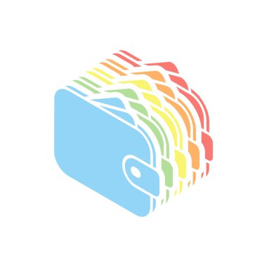 Çanta, cüzdan, para simgesi. Beyaz arka plan üzerinde renkli izometrik simgeler yığını