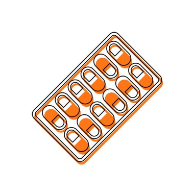 Paketi hapları simgesi. İzole simge siyah ince dağılımı ve farklı katmanlarda doldurma taşındı turuncu oluşan. Beyaz arka plan