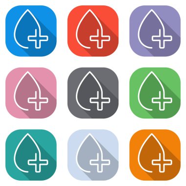 damla kan ve tıbbi çapraz. Doğrusal sembolü ile ince anahat. bir çizgi stili. Beyaz simgeleri uygulamalar için renkli kareler olarak ayarlayın. Sorunsuz imkanı ve desen poster için