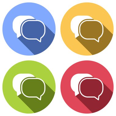 sohbet simgesi. Mavi, turuncu, yeşil ve kırmızı renkli daireler uzun gölge ile beyaz simgeler kümesi. Etiket tarzı