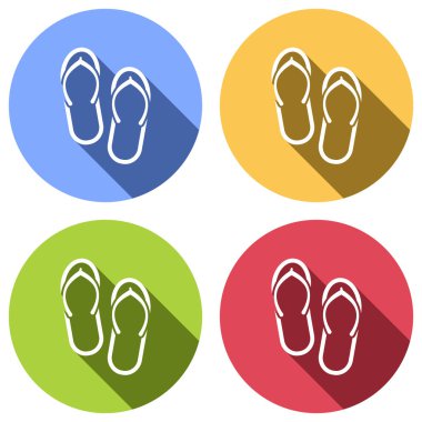Plaj terlikleri. Flip flop simgesi. Mavi, turuncu, yeşil ve kırmızı renkli daireler uzun gölge ile beyaz simgeler kümesi. Etiket tarzı