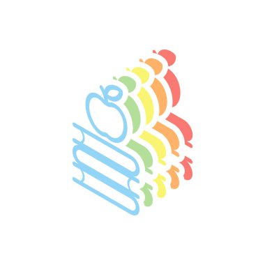 Elma üstünde kitap kutsal kişilerin resmi. Bilgi logosunu görmeniz gerekir. Beyaz arka plan üzerinde renkli izometrik simgeler yığını