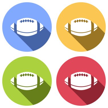 Amerikan futbolu logosunu görmeniz gerekir. Basit rugby topu simgesi. Mavi, turuncu, yeşil ve kırmızı renkli daireler uzun gölge ile beyaz simgeler kümesi. Etiket tarzı