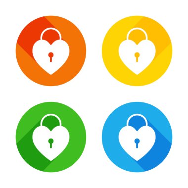 kalp kilidi, asma kilit. basit siluet. Renkli daireler arka plan düz beyaz simgesi. Dört farklı uzun gölgeler her köşe