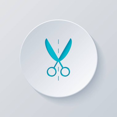 Makas simgesi. Gri ve mavi katmanları ile daire kes. Kağıt tarzı