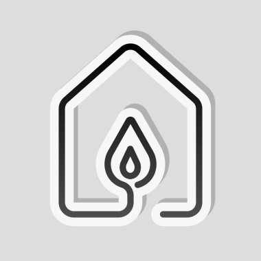 ateş ile ev simgesini alevler. çizgi stili. Etiket tarzı ile beyaz ve gri arka plan üzerinde basit gölge