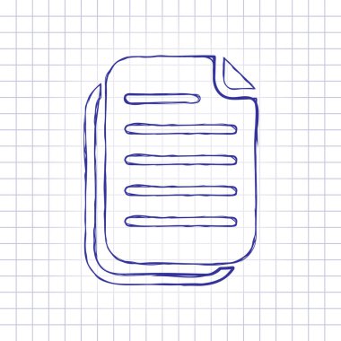 belge basit simgesi. Elle çizilmiş resim kağıt sayfası. Mavi mürekkep, anahat kroki tarzı. Damalı zemin üzerine doodle
