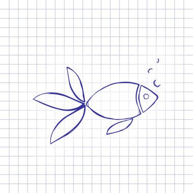 Kabarcıklar simgesiyle balık. Elle çizilmiş resim kağıt sayfası. Mavi mürekkep, anahat kroki tarzı. Damalı zemin üzerine doodle