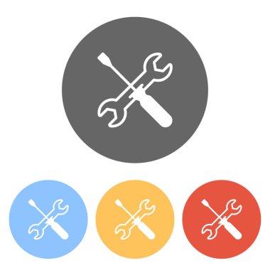 Tamir Servisi, İngiliz anahtarı ve tornavida, Araçlar. Renkli daireler üzerinde beyaz simgeler kümesi