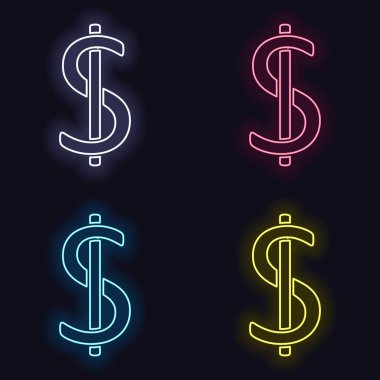 Dolar işareti ve Usd sembol simge. Moda neon işareti kümesi. Koyu arka plan üzerinde casino tarzı. Seamless modeli