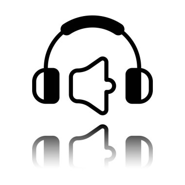 Kulaklık ve ses seviyesini. Ses seviyesini sessiz. Basit simgesi. Siyah beyaz arka plan ayna yansıması simgesiyle