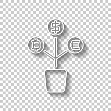 para ağacını. dolar, euro ve bitcoin. basit siluet. Gölge şeffaf arka plan üzerinde beyaz anahat işaretiyle