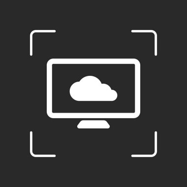 veritabanı, bulut teknoloji, bilgisayar ve bulut. basit simgesi. Beyaz nesne kamera otomatik odaklama koyu arka plan üzerinde