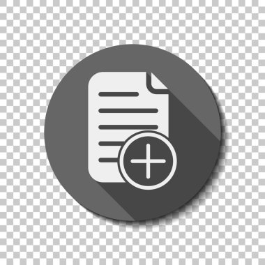 Belge simgesi, kağıt eklemek ve artı bir dairede. Saydam arka plan üzerinde bir dairede uzun gölge beyaz düz simgesi. Rozet veya etiket stili