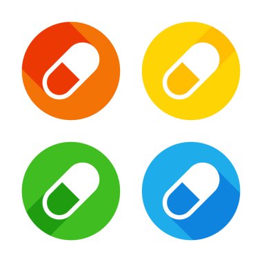 hap ya da vitamin basit sembolü. Renkli daireler arka plan düz beyaz simgesi. Dört farklı uzun gölgeler her köşe