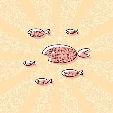 Balıklar sürüsü. Retro Vintage tipografi ofset baskı etkisi ile. Çizgi roman pop sanat arka plan ile nokta poster