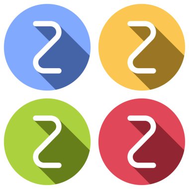 Numara iki, sayısal, basit mektup. Mavi, turuncu, yeşil ve kırmızı renkli daireler uzun gölge ile beyaz simgeler kümesi. Etiket tarzı