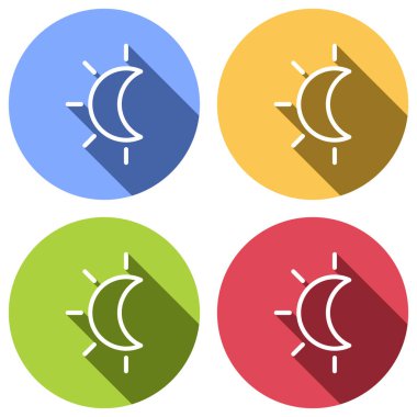 Güneş tutulması. İnce anahat ile basit doğrusal simgesi. Mavi, turuncu, yeşil ve kırmızı renkli daireler uzun gölge ile beyaz simgeler kümesi. Etiket tarzı