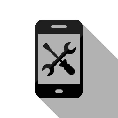 Telefon tamir servisi simgesini. Uzun gölge beyaz arka planda siyah nesnesiyle