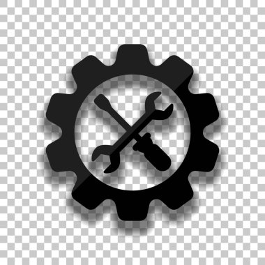 İngiliz anahtarı ve tornavida dişli. Saydam arka plan üzerinde yumuşak gölgeli siyah cam kutsal kişilerin resmi