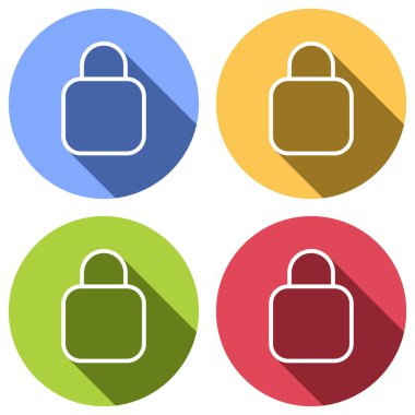 Basit kilit simgesi. Doğrusal sembol, ince anahat. Mavi, turuncu, yeşil ve kırmızı renkli daireler uzun gölge ile beyaz simgeler kümesi. Etiket tarzı