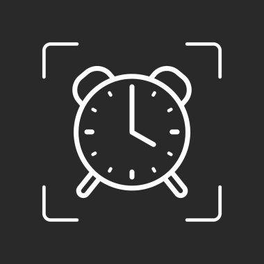 Eski çalar saat, basit simgesi, ince anahat ile doğrusal sembolü. Beyaz nesne kamera otomatik odaklama koyu arka plan üzerinde