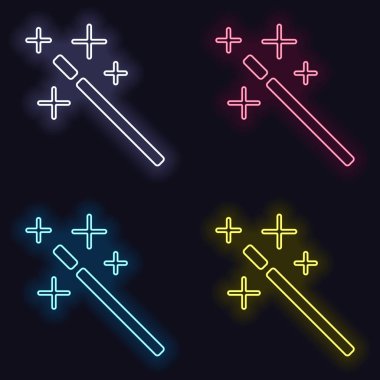 sihirli değnek. basit siluet. Moda neon işareti kümesi. Koyu arka plan üzerinde casino tarzı. Seamless modeli