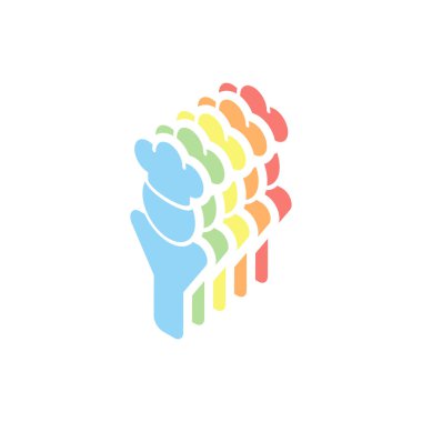 Şapkalı mutfak şefi. Mutfak logosu, adam simgesi. Beyaz arka plan üzerinde renkli izometrik simgeler yığını