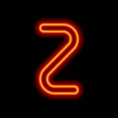 Numara iki, sayısal, basit mektup. Siyah arka plan üzerine portakal neon tarzı. Işık simgesi