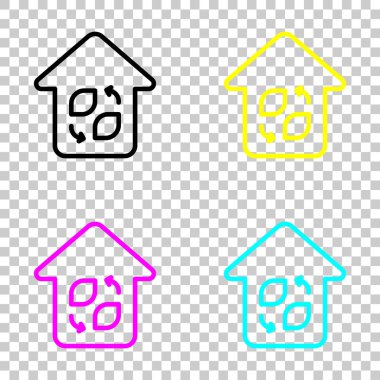 Eko ev. Kavramı logo. İnce anahat ile basit doğrusal simgesi. Cmyk simgeleri şeffaf arka plan üzerinde renkli dizi