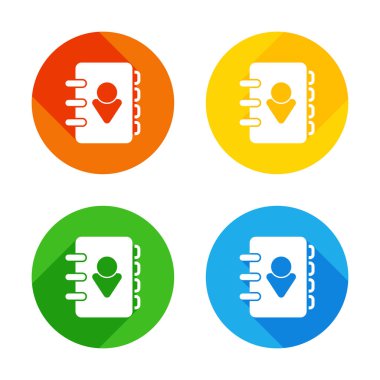 Adres defterinde kişi ile kapak. basit simgesi. Renkli daireler arka plan düz beyaz simgesi. Dört farklı uzun gölgeler her köşe