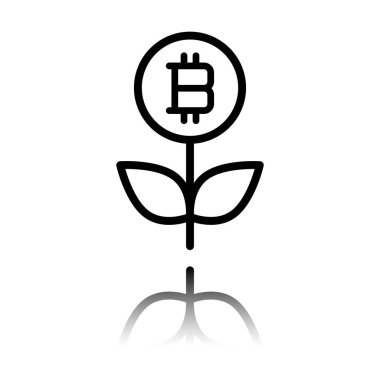 Para çiçek ile bitcoin. Para ağacını. İnce anahat ile doğrusal simgesi. Siyah beyaz arka plan ayna yansıması simgesiyle