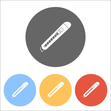 Kağıt kesici simgesi. Renkli daireler üzerinde beyaz simgeler kümesi