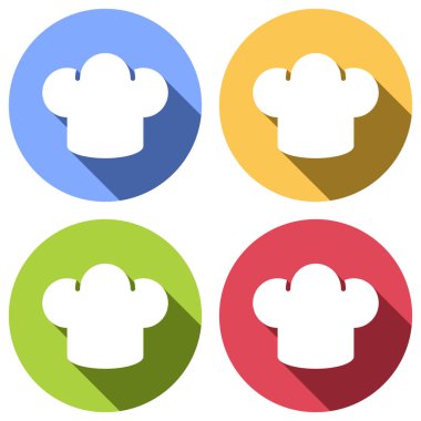 Basit chef şapka simgesi. Mutfak logosunu görmeniz gerekir. Mavi, turuncu, yeşil ve kırmızı renkli daireler uzun gölge ile beyaz simgeler kümesi. Etiket tarzı