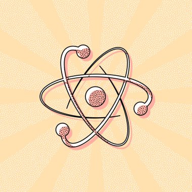 bilimsel atom sembolü, logo, basit simgesi. Retro Vintage tipografi ofset baskı etkisi ile. Çizgi roman pop sanat arka plan ile nokta poster
