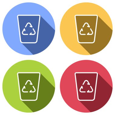 Recucle bin, backet yeniden sembolü. Doğrusal, ince anahat. Mavi, turuncu, yeşil ve kırmızı renkli daireler uzun gölge ile beyaz simgeler kümesi. Etiket tarzı