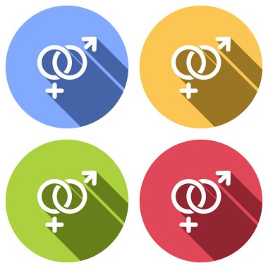 cinsiyet sembolü. Doğrusal sembolü. basit kadın ve erkek simgesi. Mavi, turuncu, yeşil ve kırmızı renkli daireler uzun gölge ile beyaz simgeler kümesi. Etiket tarzı