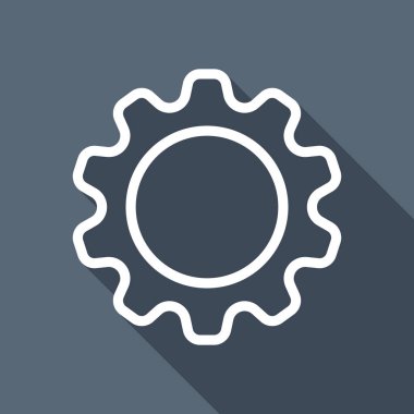 Basit dişli sembolü, ince anahat ile doğrusal simgesi. Uzun Gölge arka plan üzerinde beyaz düz simgesi