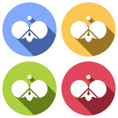 Ping pong simgesi. Mavi, turuncu, yeşil ve kırmızı renkli daireler uzun gölge ile beyaz simgeler kümesi. Etiket tarzı