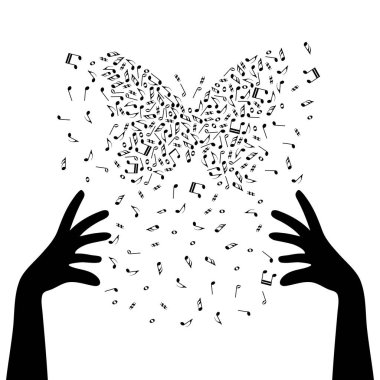 Eller silüeti Not nota anahtarı tarafından kelebek yaratıyor. Müzik poster. Magic müzik. Canlı nusic. Mastermind iletken