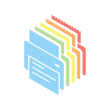 Yazıcı, alış irsaliyesi, basit simgesi. Beyaz arka plan üzerinde renkli izometrik simgeler yığını