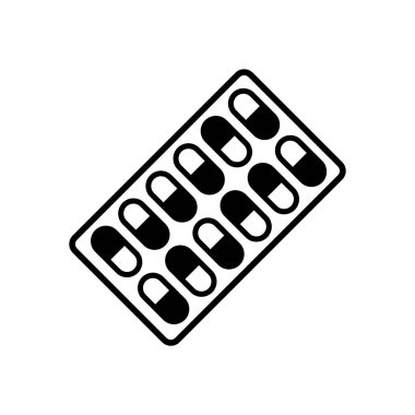 Paketi hapları simgesi. Beyaz arka planda siyah simgesi