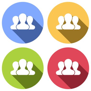 Takım, birkaç kişi. Mavi, turuncu, yeşil ve kırmızı renkli daireler uzun gölge ile beyaz simgeler kümesi. Etiket tarzı