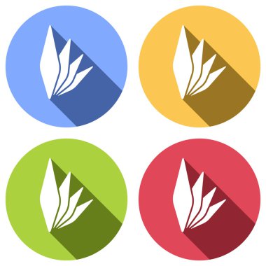 yaprak bambu. basit siluet. Mavi, turuncu, yeşil ve kırmızı renkli daireler uzun gölge ile beyaz simgeler kümesi. Etiket tarzı