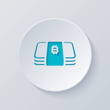 Bitcoin para veya fişlerin sürüsü. İş simgesi. Gri ve mavi katmanları ile daire kes. Kağıt tarzı