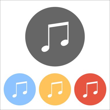 Müzik Not simgesi. Renkli daireler üzerinde beyaz simgeler kümesi