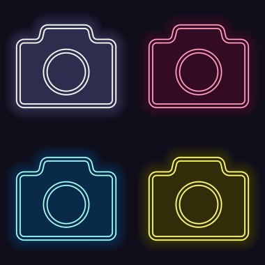 Fotoğraf makinesi, ince anahat, basit simgesi ile doğrusal sembolü. Neon işareti kümesi. Koyu arka plan üzerinde casino tarzı. Seamless modeli