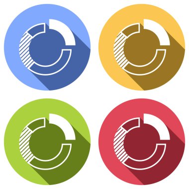 İş pasta grafiği simgesi. Mavi, turuncu, yeşil ve kırmızı renkli daireler uzun gölge ile beyaz simgeler kümesi. Etiket tarzı