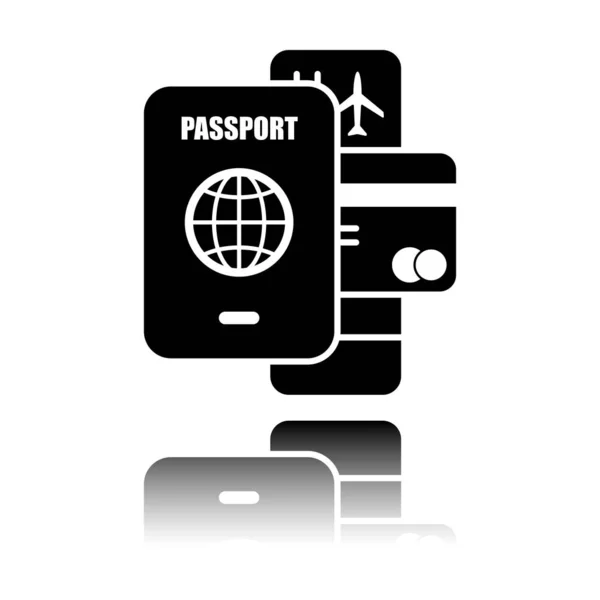 Pasaporte Billete Tarjeta Crédito Concepto Viaje Aéreo Icono Negro Con — Vector de stock